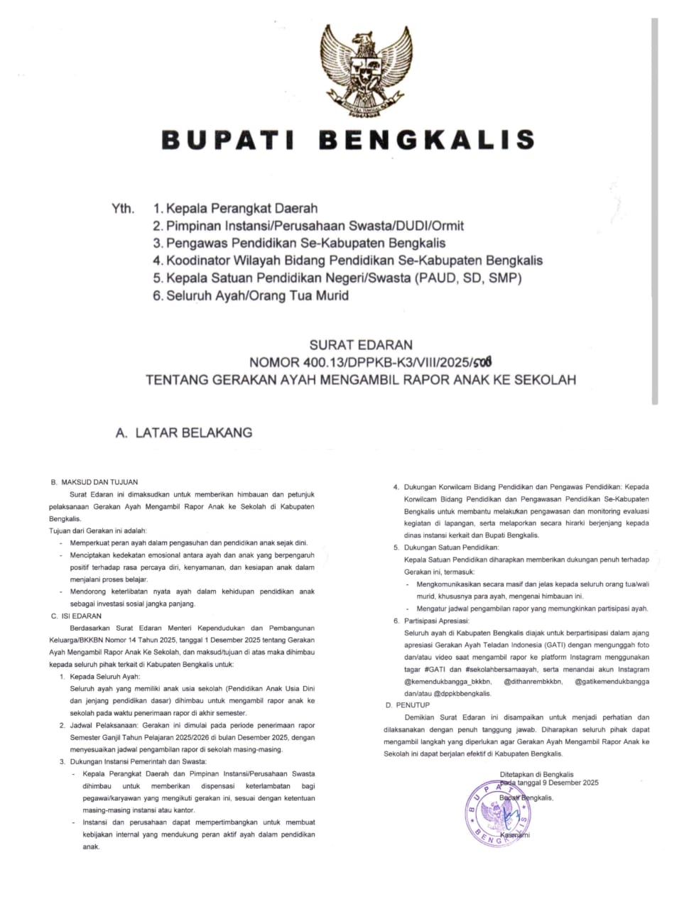 Tingkatkan Peran Ayah: Bupati Bengkalis Terapkan Ambil Rapor