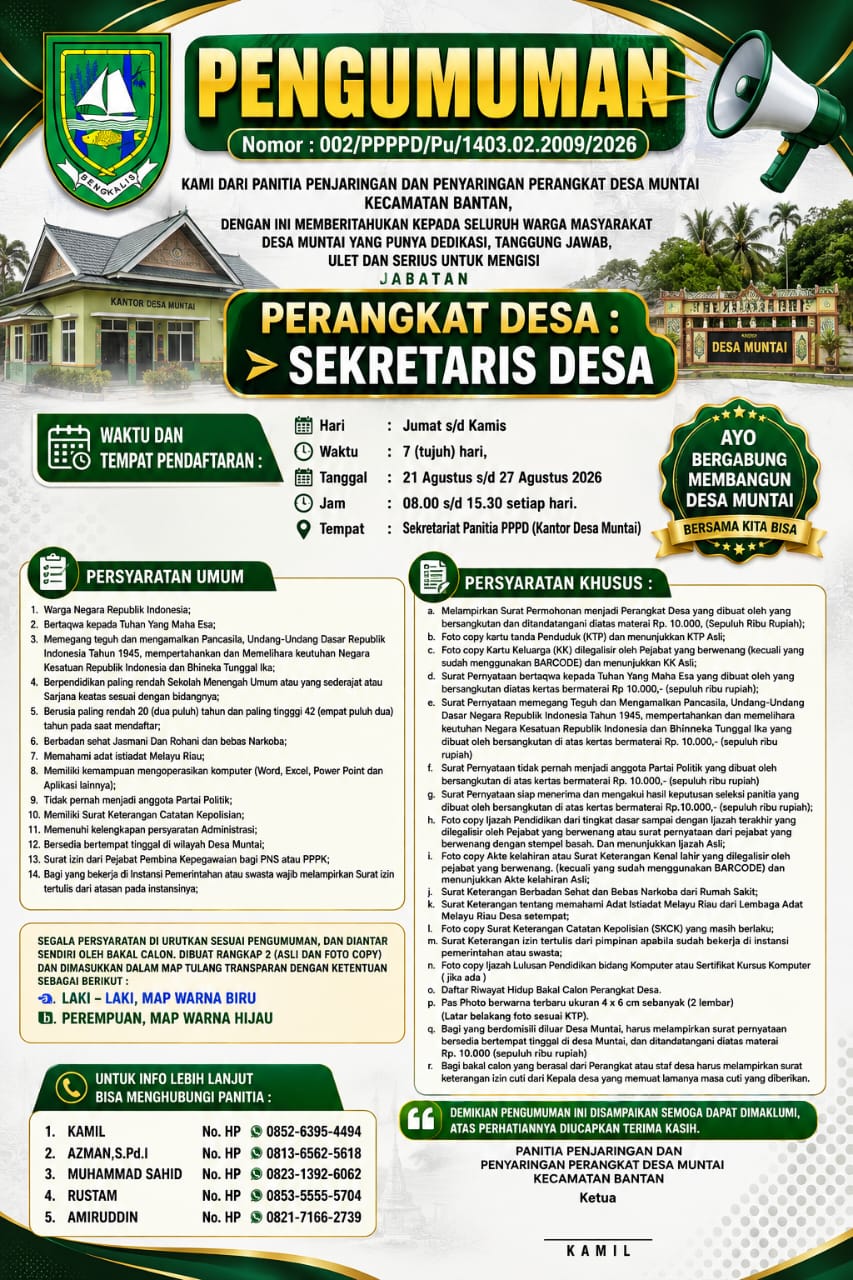 Panitia Resmi Umumkan Pendaftaran Calon Sekretaris Desa Muntai Tahun 2026